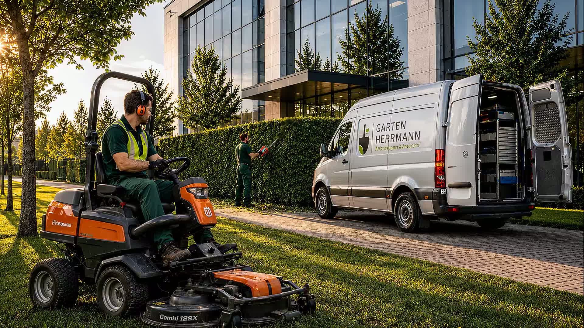 Team von GartenHerrmann bei der Außenanlagenpflege an einem Objekt im Naheland