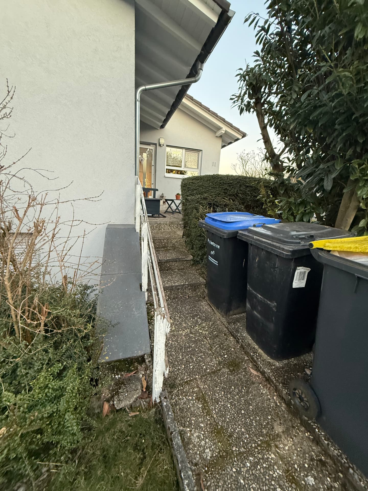 Eingangsbereich in Waldböckelheim vor der Sanierung: verwitterte Treppe und loser Handlauf